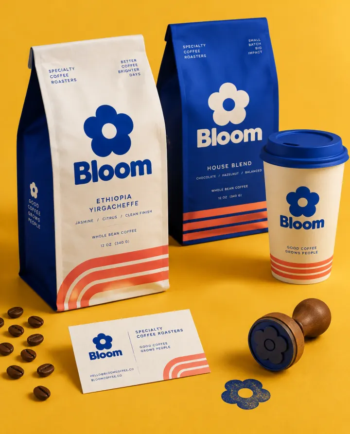 Bloom Coffee Identität. Logo, Verpackung, Farbsystem. Für den Auftritt im Handel.