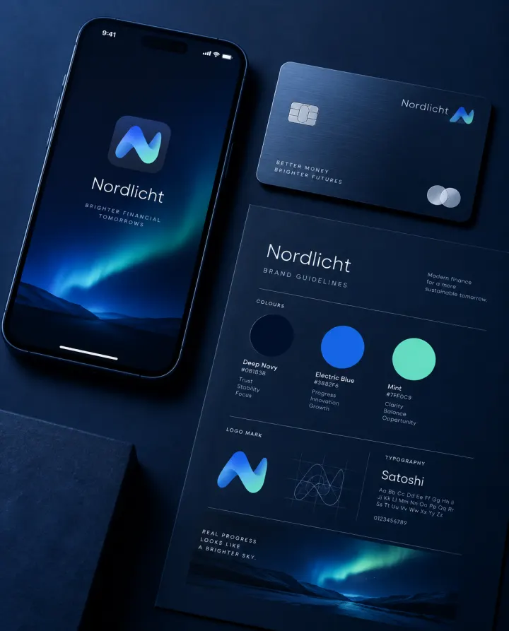 Nordlicht Fintech-Marke. Identität, App-Icon, Leitfaden. Für den Marktstart der App.