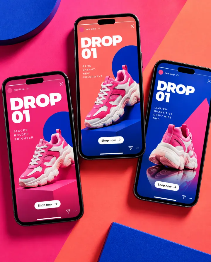 Sneaker-Drop-Kampagne. Meta-Anzeigenset, Stories, Karussell. Für den Produktstart über Meta.