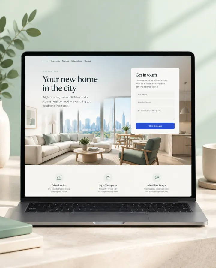 Immobilien-Landingpage. Lead-Seite, Anzeigen-Ziel. Für Anfragen aus Anzeigen.