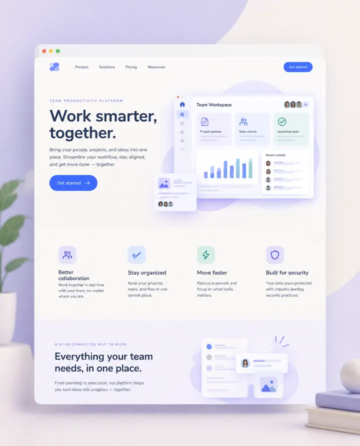 SaaS-Landingpage. Conversion-Layout, UI-Design. Für Anfragen über die Website.